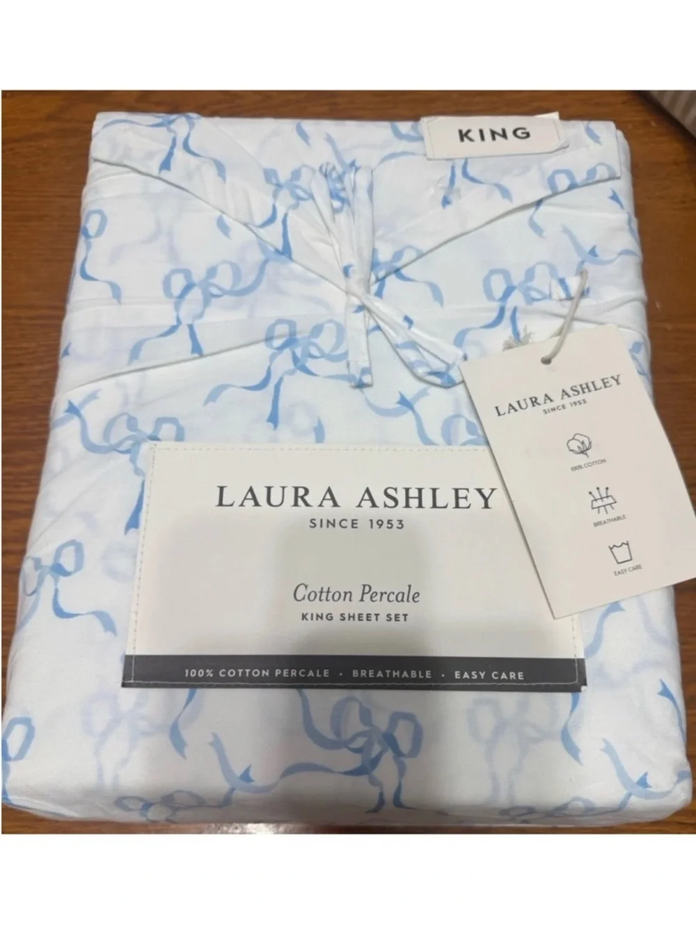 Laura Ashley King Blue Bow 100% Percale Cotton Sheet Set NWT Cottagecore